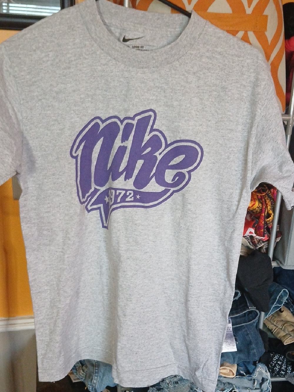 Nike Light Gray T-Shirt with Purple Script Logo